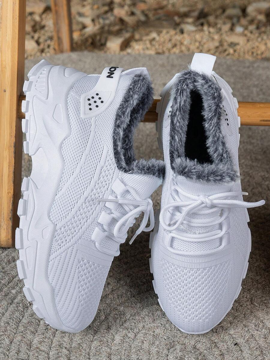 2026 Winter EdgyElongates Warm Lined Lace Up Running Sneakers For Women, Chunky Sole Cushion Comfort Trainers, Casual Outdoor Walking And Gym Shoes For Cold Weather. A Sweet And Fashionable Valentine's Day Essential Item - Office Shoes, With Soft Soles And Comfortable For Dates. Easter Fashion Item - Women's Flat Shoes. - 白色 - 查看 1