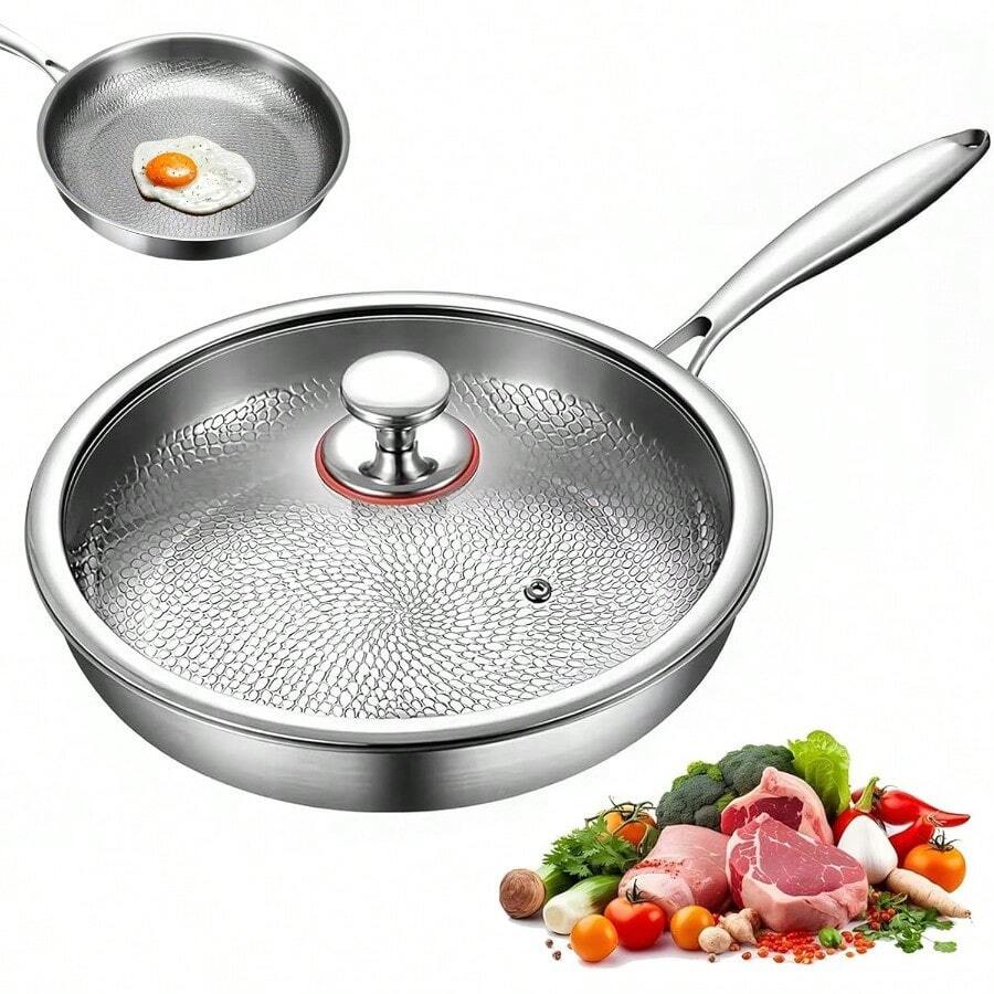 Frying PanTitanium Hammered Pan Pro with Lid Titanium Pans for Cooking Non Stick titanium Frying Pan Cookware 12in - Negro - Ver 1