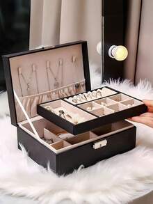 双层首饰收纳盒，大容量可上锁首饰盒，PU皮革首饰收纳盒，适用于项链、耳环、戒指、手表。节日礼物。 - 彩色 - 查看 13