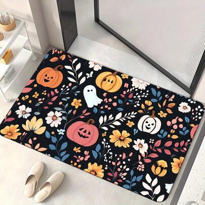 1pc Halloween Pumpkin & Door Mat - Non-Slip, Absorbent, Machine Washable Mat With Vibrant Autumn Floral Design For Bedroom, Living Room, Or Entryway