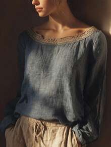 Áo sơ mi nữ tay dài chất liệu lanh viền ren, kiểu chui đầu, thích hợp mặc đi nghỉ mát mùa xuân. - Rửa nhẹ - Xem 1