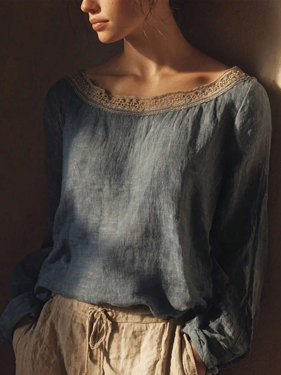 Áo sơ mi nữ tay dài chất liệu lanh viền ren, kiểu chui đầu, thích hợp mặc đi nghỉ mát mùa xuân. - Rửa nhẹ - Xem 1