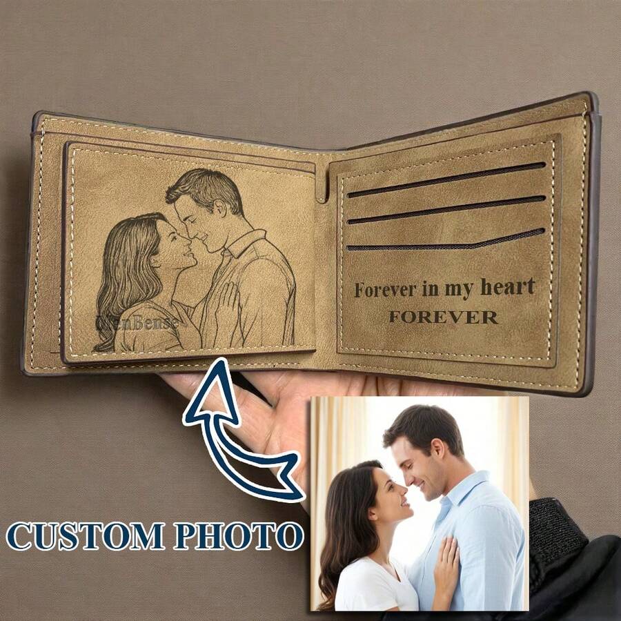 1 件装个性化男士短款钱包，钱包内侧可定制雕刻照片和文字，PU 人造革材质，可作现金夹，爸爸钱包，周年纪念礼物，爸爸生日礼物，结婚礼物，适合初中生、高中生、大学生、大一新生、大二学生、低年级学生，时尚秋季风，都市休闲风，复古风 - 彩色 - 查看 1