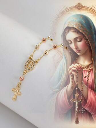 1 pieza Pulsera de cruz de moda para mujer, pulsera de cuentas multicolor exquisita hecha a mano, joyería religiosa, decoración de rosario de coche, pulsera de rosario católico, medalla con dije de Virgen María/Guadalupe, accesorios de fe/accesorios de mujer/accesorios de pareja, unisex
