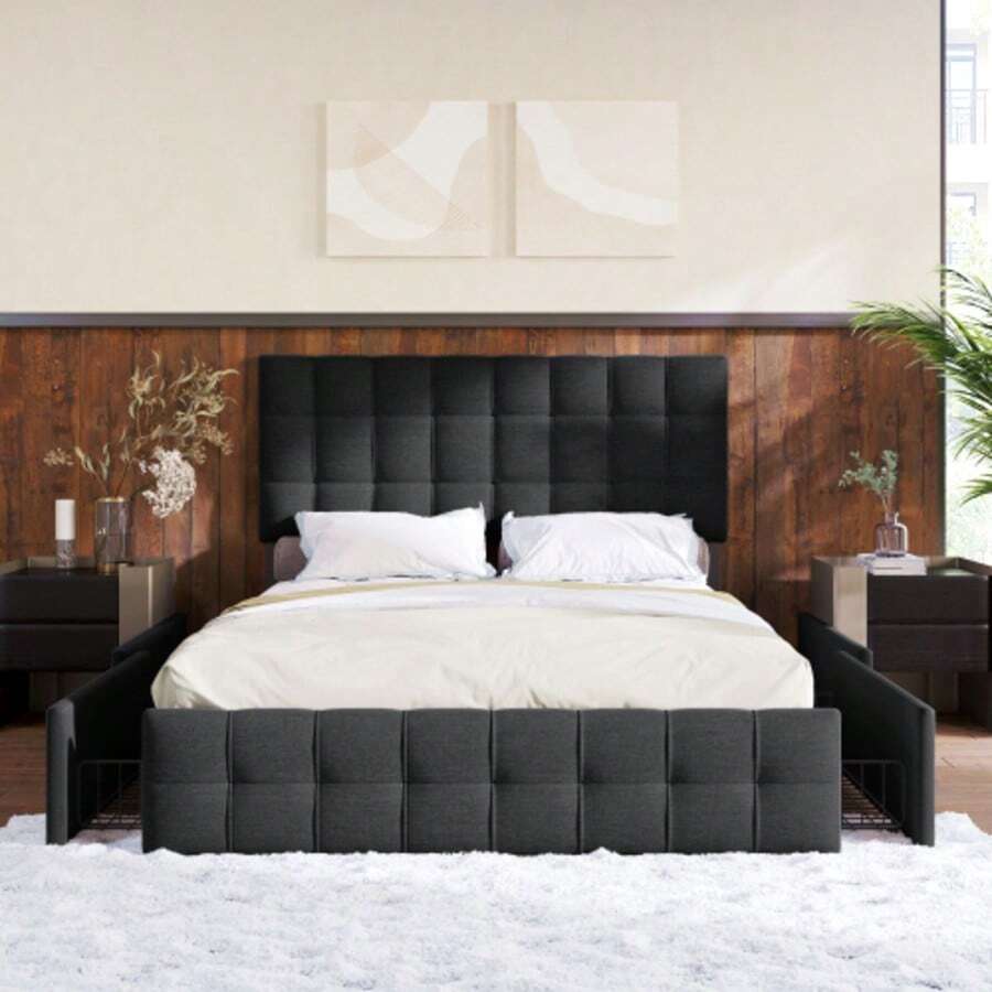 (=622122AAS)Polsterbett mit 4 Schubladen, Doppelbett mit Lattenrost, Stauraum Bett, höhenverstellbares Kopfteil & quadratisches Nähdesign, Metalllattenstütze, Leinenmaterial (140*200 cm, Schwarz) - Preto - Ver 1