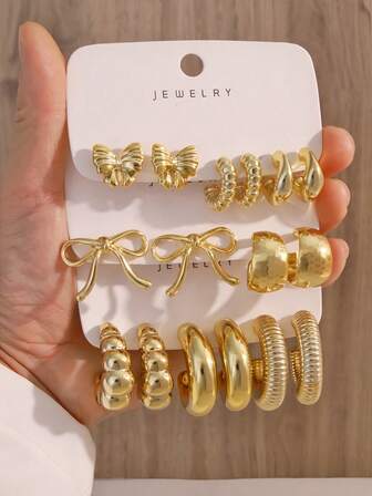 2/8 Pairs Fashionable Bowknot Earrings, Plastic Material, Gold-Plated Women Earring Set, C-Shaped Hoop Earrings, Gift For Her