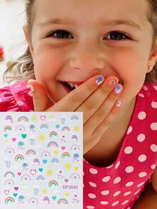 1 Sheet Kids' Nail Stickers - Rainbow & Heart Cartoon Style, Cute Playful Decorative Stickers, Ideal For Kids' Nail Art DIY Supplies Or Gifts