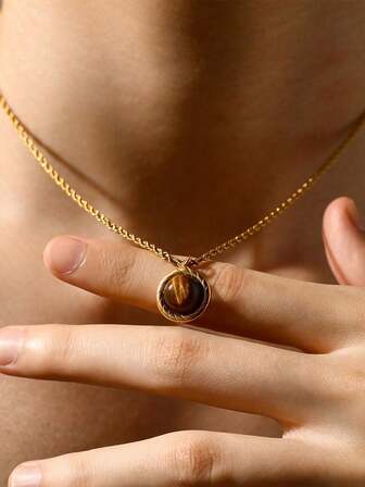 1 pieza Collar con colgante de gema ovalada marrón vintage, chapado en oro de 18K de acero inoxidable, moda para uso diario, buen regalo para hombres en Navidad, Año Nuevo, Día de San Valentín