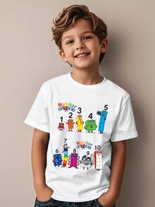 Boys' Clothing Autumn And Summer Casual Short Sleeved -1 To 10 Digital Building Block Cartoon Image - Printed Pattern Design Round Neck T-Shirt, Boys' Children's Clothing Pullover, 180g Polyester Soft Fabric, Local Warehouse, Suitable For Children's Vacation, Party, Outdoor, Travel Wear - trắng - Xem 1