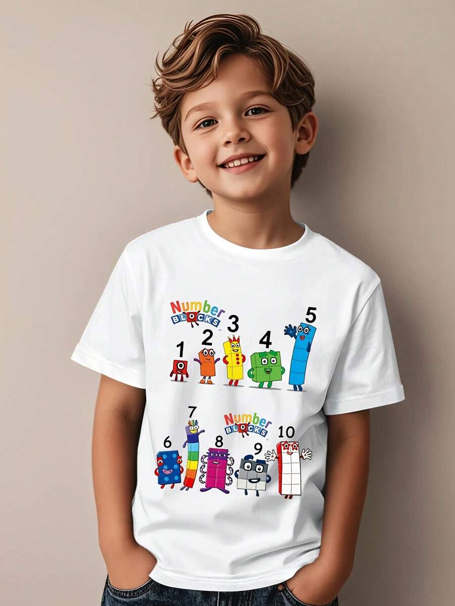 Boys' Clothing Autumn And Summer Casual Short Sleeved -1 To 10 Digital Building Block Cartoon Image - Printed Pattern Design Round Neck T-Shirt, Boys' Children's Clothing Pullover, 180g Polyester Soft Fabric, Local Warehouse, Suitable For Children's Vacation, Party, Outdoor, Travel Wear - trắng - Xem 1