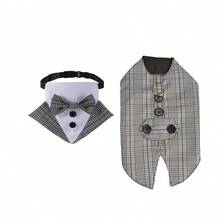 狗狗燕尾服套装及头巾，狗狗婚礼派对项圈，狗狗王子领结衬衫正式宠物婚礼服装，适合小型、中型、大型犬，如金毛寻回犬、萨摩耶犬和斗牛犬 - 灰色 - 查看 12