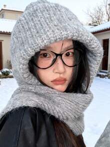 女士针织围脖+毛线帽套装，保暖防风，适合秋冬季休闲穿着，情人节礼物 - 灰色 - 查看 10