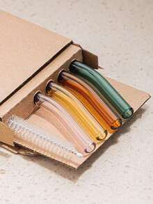 Set (4 Straws + 1 Brush) Colorful Glass Straws - Reusable, Heat-Resistant Glass Straw, Perfect For Outdoor, Restaurant, Picnic, Camping, Sports, Smoothies, Shakes, Tea, Juice, Cocktails - Includes Cleaning Brush Christmas Gift Back To School,School Supplies - 白色 - 查看 2
