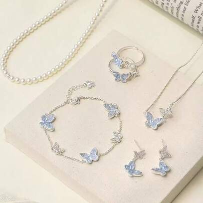 New Luxury Niche High-End Elegant Blue Crystal Butterfly Rhinestone Necklace Jewelry, Suitable For Girls