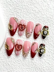 10pcs Red Premium Nail Sticker Set, French Manicure Set, Pinched Flower Nail Decor, Champagne Diamond, Heart, Wreath Nail Accessories, Red & Brown Gel Nail Kit, 3 Sizes Available: Almond, Duck Mouth, Coffin Nail, Includes Tool Kit, Suitable For Women And Girls, Suitable For Parties, Daily Wear Nails Nail Supplies - 彩色 - 查看 3