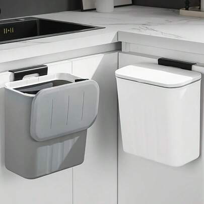 1个悬挂式垃圾桶，小型带盖垃圾桶，适用于厨房橱柜门或水槽，浴室带盖垃圾桶，厨余垃圾桶，堆肥桶，背面带挂钩