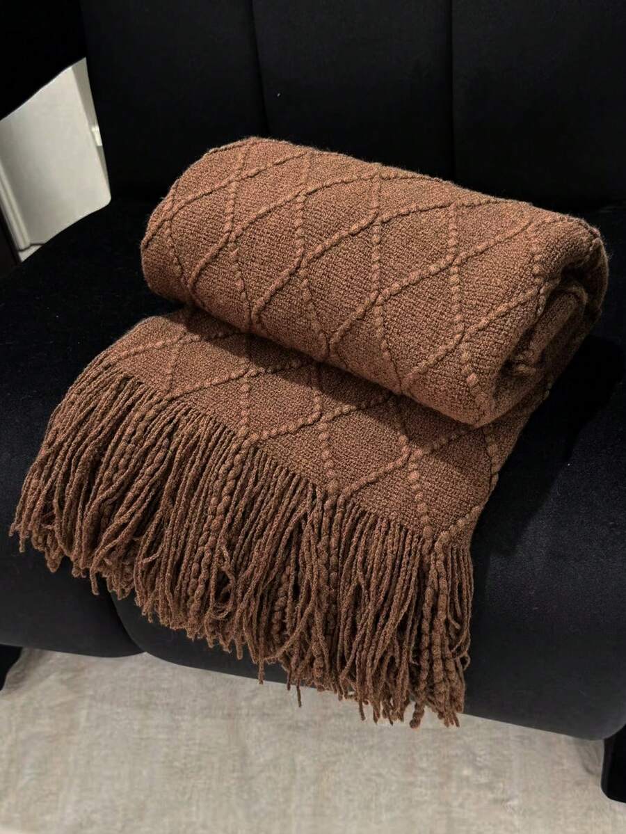 1 Diamond Grid Textured Knit Throw Blanket, Soft And Comfortable, Suitable For All Seasons, Suitable For Sofa, End Of Bed, Travel, Home Decor - Mixed Color Geometric Pattern, Acrylic Fabric - Cà phê hình thoi - Xem 1