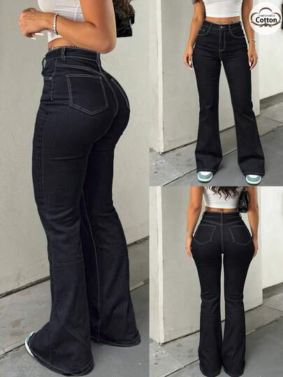 GILIPUR New Black & Blue Y2K Flare Jeans For Women, High-Waisted Slim Fit Stretchy, Elegant & Fashionable Casual Street Style, Retro For Winter & Spring, Suitable For New Year, Valentine's Day, Sexy Party Style, Holiday Gift. Sophisticated Yet Casual Appearance, Ideal For Formal Events, Casual Dinners And Concerts.