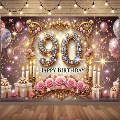 One Decorative Party Banner Backdrop, Polyester Birthday Party Backdrop, Adorned With Sparkling Rhinestones And Decorative Balloons - Suitable For Indoor And Outdoor Celebrations, Birthday Decorations, Party Decorations, Photo Studio Props, And Elegant 90th Birthday Decorations. Available In Multiple Sizes.
