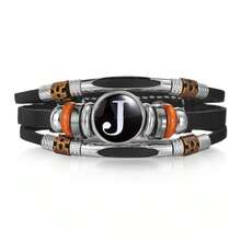 1pc Fashionable 26 English Letter Leather Bracelet, Handmade Adjustable Braided Bracelet For Men - Black - View 34