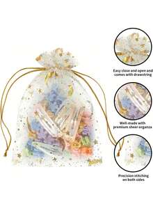50个白色欧根纱束口袋，饰有烫金星月图案，白色星月烫金印花礼品袋，适用于珠宝收纳、新娘送礼会、周年纪念、生日、派对回礼包装。 - 彩色 - 查看 3