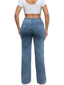 THUNDER Womens High Waisted Wide Leg Jeans Stretchy Distressed Pants - Acid Wash - View 5
