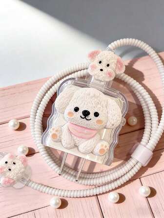 Protector de cable de datos con diseño de cachorro sentado en 3D, compatible con cargador Apple de 20W, 15 carcasa suave de carga rápida anti-doblado, protector de cabezal de cargador de 20W a prueba de mordeduras, anti-desgaste y anti-caídas, juego de 5 piezas (cargador no incluido)
