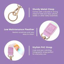 Bonito cordn de mueca para llaves/correa de mueca para mujer, para, pequea cartera y telfono/soporte de llavero corto esttico con cierre/accesorios hologrficos brillantes para nias color lila - inicial - Ver 4