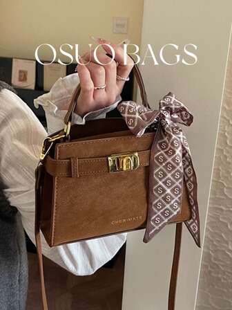 1pc Mini Solid Color PU Leather Women Handbag With Scarf Decor, Adjustable Shoulder Strap, Simple Commuter Square Crossbody Bag