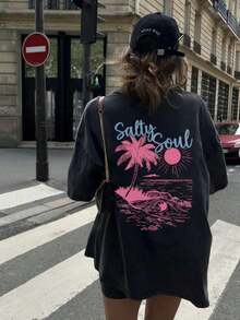 SALTY Women's Spring/Summer Coconut Tree & Sunshine Print Short Sleeve Shirt, Round Neck Casual Top, Versatile Daily Vacation Wear - 深灰色 - 查看 6