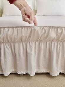 1pc Beige Solid Color Bed Skirt With White Lace Trim, Romantic Minimalist Classic, Comfortable Breathable Polyester Fabric, Suitable For All Seasons, Ideal For Bedroom Decor - Multicolor - View 9