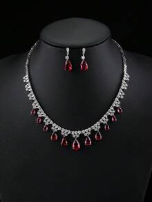 1套3入組豪華珠寶風格鋯石婚禮項鍊和耳環套裝，適用於新娘裝飾配件 - 豪華套裝 - 查看 2