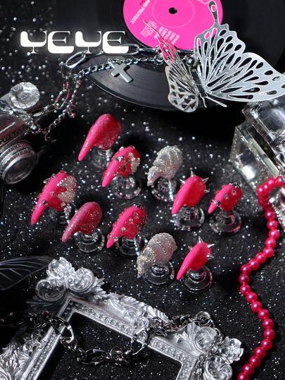 10pcs Fake Nails Press On Square,Y2K Style,Pink,Rose Red,White,Silver Glitter,Junk Punk Style,With Metal Decoration,Wing,Star,Rivet,Chain,Rhinestone Decor,Shiny Nail Gems,Cross,Butterfly,Purely Handmade,Special 3d Three-Dimensional Decoration Eagle Claw,Music Day,Morden Full Coverage Short Square Pink Fake Nails Set