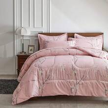 3 Pieces Pink Comforter Set Queen King Size, Leaves Bed In A Bag Comforter Set, Soft Lightweight Bedding Set (1 Comforter, 2 Pillowcases),Wedding Items,Valentines Day Home Bed Room Decor,Easter Ramadan Gifts, All Season - 粉色 - 查看 1