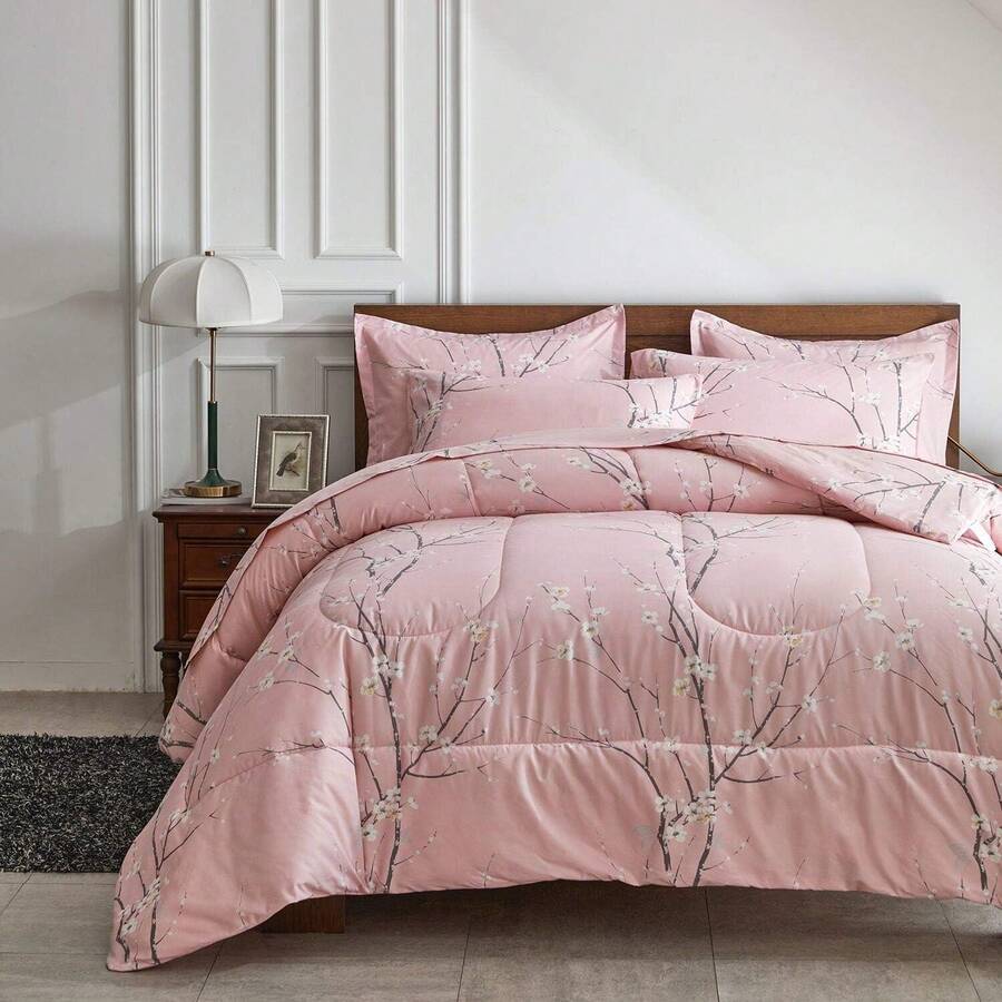 3 Pieces Pink Comforter Set Queen King Size, Leaves Bed In A Bag Comforter Set, Soft Lightweight Bedding Set (1 Comforter, 2 Pillowcases),Wedding Items,Valentines Day Home Bed Room Decor,Easter Ramadan Gifts, All Season - 粉色 - 查看 1