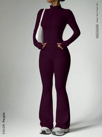 FWH Conjunto de 2 Peças Pronto para a Rua, Cintura com Controle da Barriga + Mangas com Orifício para o Polegar, Academia para a Rua, Zíper Frontal Inspirado em Espartilho, Flare com Elasticidade em 4 Direções, Cintura Antiderrapante, Jaqueta Modeladora com Detalhe de Zíper + Calça Levantadora de Bumbum, Conjunto Que Aumenta a Confiança, Jaqueta com Zíper Frontal e Calça Flare para Mulheres, Conjunto de 2 Peças para Mulheres