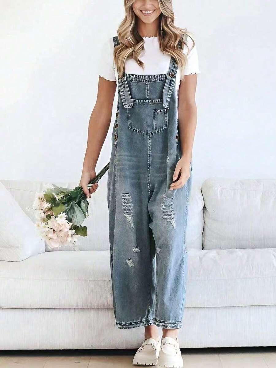 Women's Ripped Denim Overalls, Light Wash Wide Leg Vintage Overalls - Dark Wash - View 1