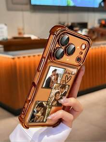 1pc Customized 3-Photo Name Text Anti-Drop Transparent Orange Full-Edge Lens Phone Case, Suitable For Models 17/Air/17pro/17promax/16/16pro/16plus/16promax/15/14/13/12/11, Great For Gifting - Orange - View 6