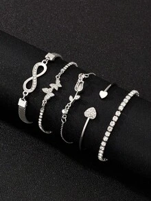 5pcs Fashionable, Simple, Delicate, Elegant Butterfly, Heart, Flower, Tulip, Water Droplet Shaped Rhinestone Encrusted, Sparkling 8-Infinity Sign Hook Bracelet And Chain Bracelet Set For Holidays, Parties, Dates, Gifts, And Daily Wear Valentines,Mom,Mother,Mother's Day,Gift - Five-piece Bracelet Set - View 8