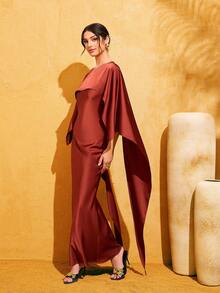 Elegant Brown Sleeveless Round Neck Satin Flowy Shawl Design Dress