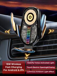 REMAX 15W无线快充车载手机支架，带彩色声控灯；自动感应开合；防滑手柄和过热保护；Type-C接口，兼容苹果/安卓手机；支持带手机壳，90°旋转；通用车载配件