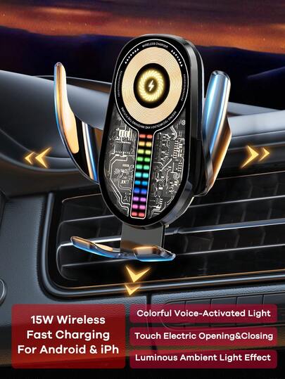 REMAX 15W Wireless Fast Charging Car Phone Holder With Colorful Voice-Controlled Light; Auto Sensing Open/Close; Anti-Slip Handle And Overheating Protection; Type-C Charger Compatible With Apple/Android; Supports Phone Cases, 90° Rotation; Universal Car Accessory