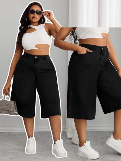 Women's Black Elastic Waist Denim Bermuda Shorts, Slimming Contrast Stitching Design, Vintage Style, Suitable For Commuting In Summer And Autumn