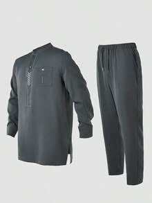 2pcs Dark Grey Dashiki Shirt And Pants Set, White Geometric Line Embroidery, Chest Pocket, Long Sleeve, Round Neck, Elastic Waist Pants, African Fashion, Men's Matching Sets, Casual & Elegant Style For Business, Party, Date, Wedding, Daily Wear, Celebrations And Ceremonies - Dark Grey - View 5
