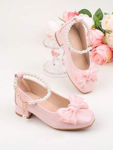 Scarpe da bambina per damigella d'onore, eleganti e dolci, con fiore, per banchetti di matrimonio, feste serali e vacanze, con tacco alto, adatte a ragazze di taglia grande, media e piccola, scarpe per bambini e neonati, classiche, comode e versatili, alla moda, rosa, con fiocco semplice, fibbia di perla, per tutte le stagioni, per vacanze, eleganti, con tacco spesso, scarpe da cerimonia, scarpe da spettacolo, scarpe da ballo, Mary Jane, scarpe da ballerina, scarpe da principessa - Rosa - Visualizzare 2