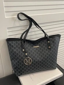 2023 New Fashion Women Large Capacity All-Over Allover Print Letter Pattern Decor Dual Handle Tote Bag, Suitable For Work And Commute