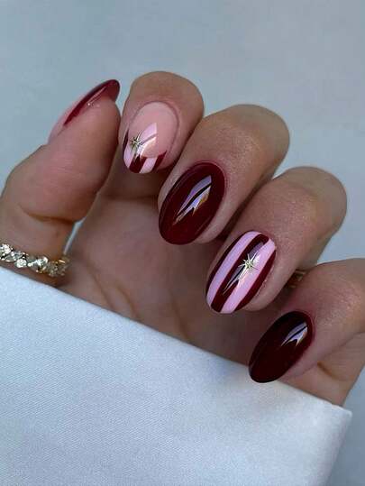 24 piezas Pegatinas de uñas francesas de estilo Y2K en color borgoña, decoradas con líneas rojas y rosas y patrones de estrellas, que muestran el estilo occidental, ajuste perfecto, incluye 1 esmalte de gel y 1 lima de uñas, adecuado para uso diario, fiestas y reuniones de chicas