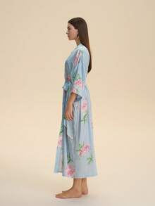 Retro Loose Elegant Fashion Printed Bohemian Kimono Cover Up Robe Casual Homewear Tie-Waist Bathrobe Sleepwear Thin Outerwear Beach Cover-Up Swimsuit Coverup - Blue - View 4