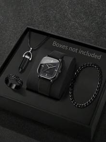 男士礼品套装（4件套） - 经典时尚方形表盘休闲商务石英腕表 + 手链 + 项链 + 戒指（不含表盒）