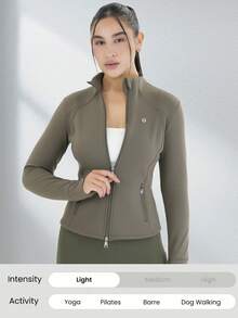 Women's Stand Up Collar Zipper Long Sleeved Thumb Hole Minimalist Fashion Sports Jacket Casual Sports Slim Zipper Pocket Jacket, Spring And Autumn Women's Clothing - 軍綠色 - 查看 6